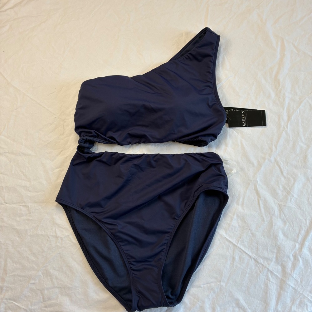 Lauren Ralph Lauren Womens Navy One Shoulder Cutout One Piece Swimsuit Size 12